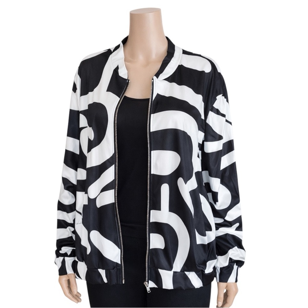 New Black & White Abstract Print Zip-Up Bomber Jacket - Picture 11 of 16